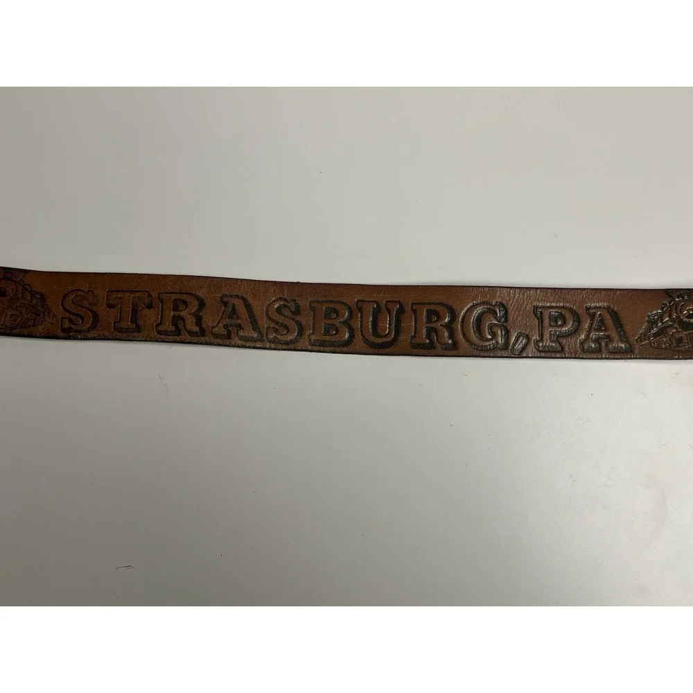Vintage Tooled Leather Strasburg Pa Train Belt 36 - 42 Buckle USA‎